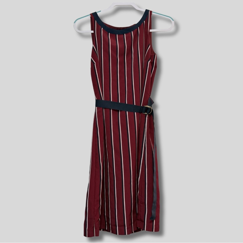Tommy Hilfiger Burgundy Striped Midi Dress with Navy Belt